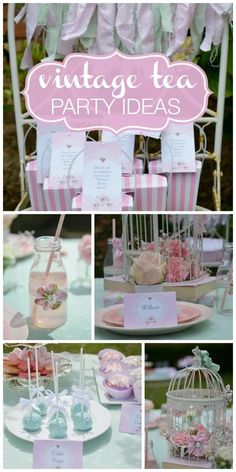 pink and blue tea party with birdcage favors, candy bars, candies and desserts