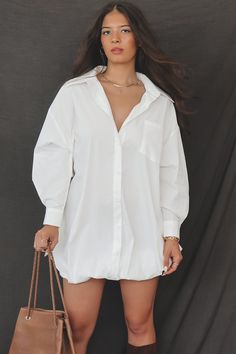 White oversized puffy button down shirt dress, double swen lining Material is Cotton Hang to dry Model is 5'6 wearing a small SHOP THE LOOK Small Medium Large Length 33" 34" 35" Bust 25" 26" 27" White Button Up Dress, White Blouse Dress, Here To Slay, Maxi Floral Dress, Party Bottoms, Button Up Shirt Dress, Dress Loose Fit, Button Down Shirt Dress, Amazing Lace