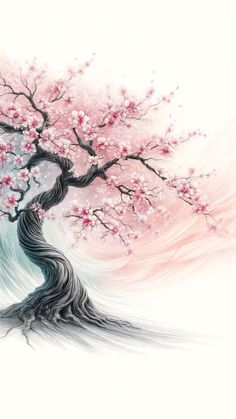 a painting of a tree with pink flowers on it