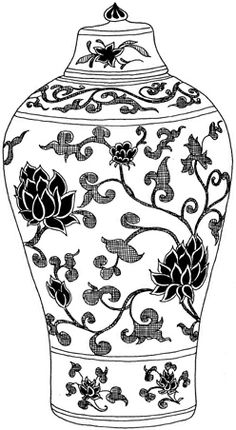 an ornate vase with flowers and leaves on the outside, vintage line drawing or engraving