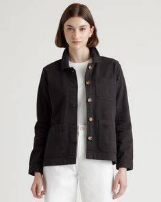 Your go-to jacket for transitional weather. The super-soft organic stretch twill and functional patch pockets will have you reaching for this jacket every day of the week. With a standard fit, this is perfect for layering over a hoodie, or simply pairing with a t-shirt. Chore Coat Outfit, Black Chore Jacket, Spring Wear, Chore Jacket, Cute Jackets, Leather Shirt, Wardrobe Ideas, Day Of The Week, Organic Fabrics