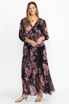 Crafted from 100% sumptuous silk, the Lizzy Ruffle Maxi Dress is beautifully adorned with bold floral blooms. Featuring a deep V-neckline and gently puffed sleeves, this slip-lined dress offers an empire waist and tiered A-line skirt for a flowing, feminine silhouette. Pair with espadrille wedges and a classic black clutch for an evening out. Johnny Was Women's Lizzy Ruffle Maxi Dress in Juliette Black, Size 3XL, Silk, Floral Spring Evening V-neck Floral Dress, Spring Evening Floral V-neck Dress, Spring Silk Maxi Dress With V-neck, Silk V-neck Maxi Dress For Spring, V-neck Floral Print Dress For Daywear, Bohemian V-neck Floral Dress For Daywear, Elegant V-neck Flowy Floral Dress, Ruffle Maxi Dress, Boho Chic Outfits