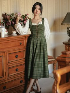 Twofer midi dress with lace sleeves and knitted plaid dress with a lace up corset bodice. Concealed back zipper. Lined. S: 13.5" across shoulders, 33" chest, 26" waist, 45" lengthM: 14" across shoulders, 34.5" chest, 27.5" waist, 45" lengthL: 14.5" across shoulders, 36" chest, 29" waist, 45" length Book Character Outfits, Hobbit Clothes, Farm Dresses, Bridal Shower Looks, Cottagecore Wardrobe, Fashion Inspo Spring, Autumn Cottagecore, Overall Fashion, Cute Fall Fashion