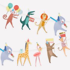 Our paper garland features animals with fun embellishments. Parade Banner, Animal Party Decorations, Animal Themed Birthday Party, Party Wall Decorations, Animal Candles, Party Girlande, Animal Parade, Bamboo Stick, Birthday Garland