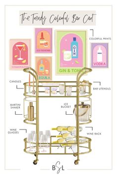 a gold bar cart with drinks and pictures on the wall behind it, labeled to be trendy colorful but crafty