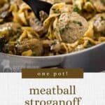 a broccoli and meatball dish in a skillet with the words meatball stroganoff on it