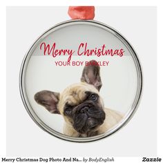 a christmas ornament with a dog's face in the center and text merry christmas, your boy bradley