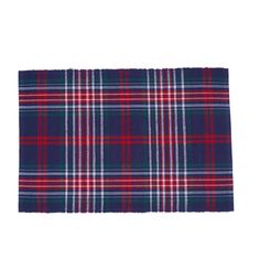 a blue and red plaid rug on a white background