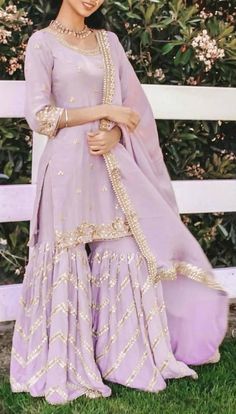 Lavender Colour Sharara Suit, Punjabi Lengha Party Wear, Bridle Shower Outfits, Designer Punjabi Suits Party Wear Indian Weddings, Desi Gharara, Brown Punjabi Suit, Gharara Suits Party Wear, Punjabi Outfits Wedding