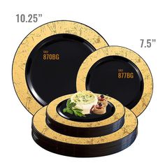 • 240-piece combo case: 120 dinner plates and 120 salad plates • Dinner plate SKU: 870BG • Dinner plate approx. outer diameter: 10 ¼" • Dinner plate approx. outer rim diameter: 1 ¼" • Dinner plate approx. inner diameter: 9" • Salad plate SKU: 877BG • Salad plate approx. outer diameter: 7 ½" • Salad plate approx. outer rim diameter: 1" • Salad plate approx. inner diameter: 6 ½" • Color: Black with Gold Rim • Shape: Round • Material: Plastic • Disposable: One-time, single-party use • Recycling code: #6 PS Polystyrene • BPA-free: Yes Appetizer Salad, Plastic Dinnerware Sets, Disposable Plastic Plates, Plastic Dinnerware, Black And Gold Marble, Party Table Settings, Wedding Party Table, Disposable Plates, Beautiful Plates