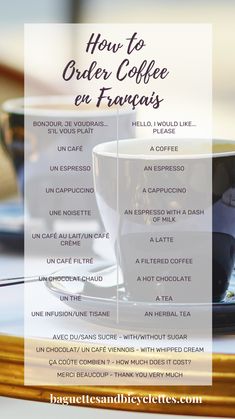 a coffee cup with the words how to order coffee en france written in french on it