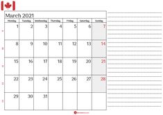 the march calendar is shown in red and white, with canadian flags on it's side