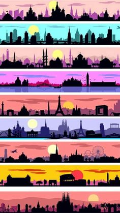 an image of city skylines in different colors