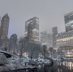 the city skyline is covered in snow as it sits next to a lake and trees