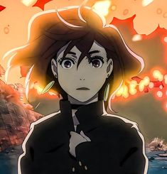 an anime character is staring at something in the distance with red and yellow lights behind her