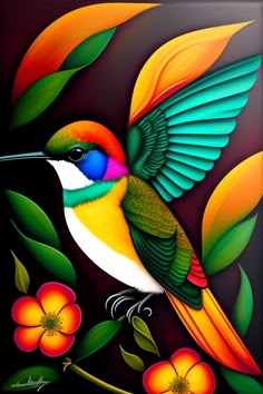 a painting of a colorful bird on a branch with leaves and flowers in the background