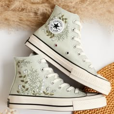 '' Custom Embroidered Sneaker high tops, Small Flower Embroidered Shoes Custom, Floral Embroidered Converse Custom, Unique Gifts for Her '' 🍀 Price includes Converse Shoes and Floral Embroidery Designs as shown 🍀 🍀 Shoe Type: Converse 1970s 🍀 Shoe color:9. Summit Sage_1970s 1. DETAILS 🍀 You can send me your Converse, Vans, canvas shoes or I can buy them for you. Custom-ordered embroidered Vans and Converse shoes, please wait another 2-4 days. Each pair is hand embroidered to order, please m Lavender Converse, Converse Bleu, Customized Converse, Converse Embroidery, Cute Converse Shoes, Garden Lavender, Embroidered Sneakers, Embroidered Converse, Cute Converse