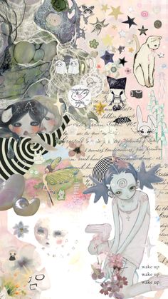 an artistic collage with many different images and words on it, including flowers, cats,