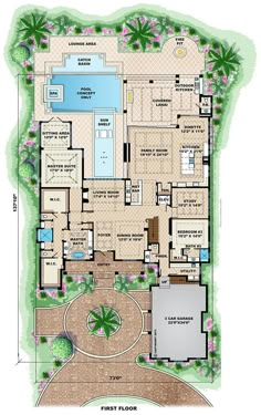 the first floor plan for this house shows the pool and hot tub, as well as the