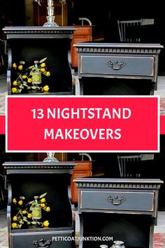 13 Nightstand Makeovers Bed Side Table Makeover Ideas, Night Stand Color Ideas, Painting A Nightstand, Decoupage Nightstand, Diy Furniture Flip Nightstands, Repurposed Nightstand, Diy Nightstand Painting Ideas, Art Deco Nightstand Makeover, Restored Night Stand