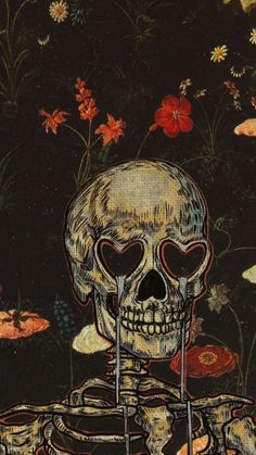 a painting of a skeleton with two forks in it's mouth and flowers behind it