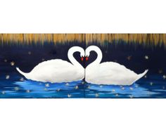 two white swans in the water with their necks touching each other's heads together