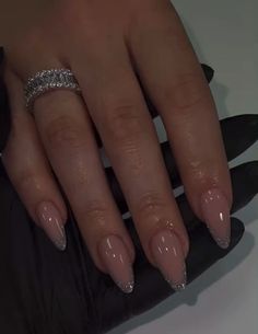 Almond Nails With Silver Tips, French Tip Acrylic Nails Almond Silver Glitter, Sparkle Tip Nails Glitter, Sliver Almonds Nails, Classic Prom Nails, Classic Nails Elegant Almond, Sparkling French Tip Nails, New Years Nail Designs 2025, Nail Ideas Glitter Sparkle