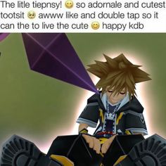 an anime character sitting on top of a giant object with the caption that reads, happy kid