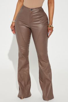 Available In Black And Chocolate. Flare Pant Mid Rise Button & Zip Closure Seaming Detail Hand Pockets Coated Faux Leather Stretch Self 70% Viscose 20% Nylon 10% Spandex Imported California Proposition 65 WARNING: Cancer and Reproductive Harm - www.P65Warnings.ca.gov. | Going Big Coated Flare Pant in Chocolate Brown size Small by Fashion Nova Chocolate Fashion, Flare Pant, Fashion Nova Pants, Color Chocolate, Coat Pocket, Flare Pants, Chocolate Brown, Fashion Brand, Fashion Nova