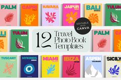 twelve travel photo book templates with the text 12 travel photoshopped in different colors