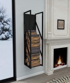 a fireplace with logs stacked in front of it