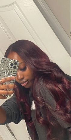 Burgundy Envy Hair Color, Sew In Hairstyles Burgundy, Maroon Sew In Weave, Lori Harvey Red Hair, Dark Red On Black Women, Dark Cherry Red Hair Black Women, Deep Red Hair On Black Women, Dark Burgundy Wig Black Women, Burgundy Hair Sew In