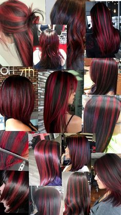 Red And Purple Highlights On Dark Hair, Black Red Highlights Hair, Black Hair With Red Chunky Highlights, Red And Black Chunky Highlights, Red And Pink Chunky Highlights, Black Hair Red Tips, Chunky Magenta Highlights