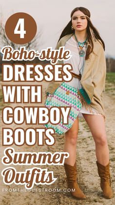 a woman wears cowboy boots and boho dress for summer Western Outfits Women Spring, Summer Dress With Cowboy Boots, Boots And Dresses Outfit, Western Outfits Summer, Cowboy Boots And Dresses Outfit, Dresses And Cowboy Boots, Cowboy Boots Dress, Boots And Dresses, Dresses To Wear With Cowboy Boots