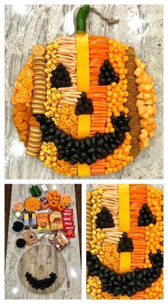 a pumpkin made out of corn, carrots and blackberries is shown in three different pictures