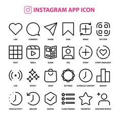 the instagram app icon set is shown in black and white, with different symbols