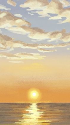 an oil painting of the sun setting over the ocean with clouds in the sky above