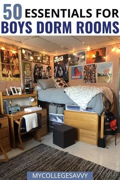 there is a dorm room with pictures on the wall