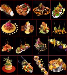 a collage of different types of food on plates and in serving dishes, including sushi