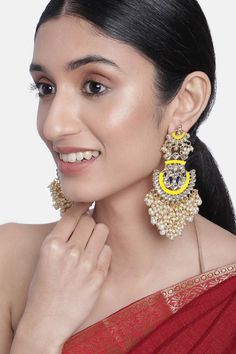 Buy Women's Alloy Large Dangle Earring in Yellow - Online Large Dangle Earrings, Silk Clutch, Brocade Blouses, Alloy Earrings, Metal Necklaces, Embroidery Details, Chandelier Earrings, Base Metal, Beautiful Earrings