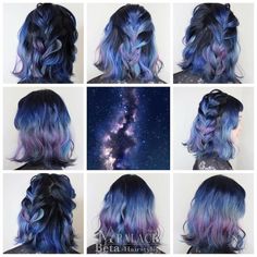 Mixed Hair Dye Ideas, Space Hair Color, Anime Inspired Hair Color, Color Full Hair, Galaxy Hair Color, Space Hair, Galaxy Hair, Hair Color Underneath