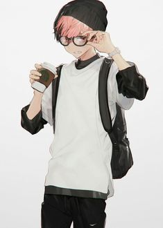 a person with pink hair and glasses holding a cup