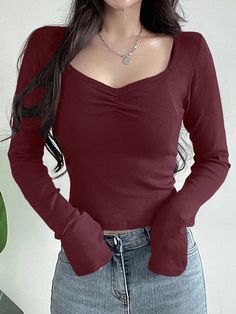 Women's Solid Color Ruched Heart Neck Long Sleeve Casual T-Shirt, Spring/Summer Burgundy Casual  Extra-Long Sleeve Knitted Fabric Plain  High Stretch  Women Clothing, size features are:Bust: ,Length: ,Sleeve Length: Long Sleeves Shirt Aesthetic, Cute Tops With Sleeves, Cute Red Shirts, Red Long Sleeve Outfit, Dark Red Outfit, Burgundy Clothing, Red Tops For Women, Dark Red Top, Trending Tops