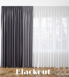 an open window with curtains and the words blackout on it in front of a wooden floor