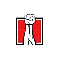 a hand with a fist raised up in front of a red and black square frame