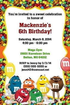 an image of a birthday party with m & m candies in the frame and candy