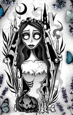 a black and white drawing of a woman with her eyes closed, surrounded by butterflies