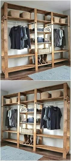 two pictures of clothes hanging on wooden shelves