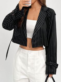 Short Coat Outfits For Women, Short Coat Outfit, Coat Outfits For Women, Short Trench Coat, Garment Pattern, Trench Coat Black, Striped Fabric, Casual Stripes, Coat Outfits