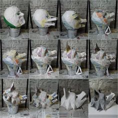 several pictures of different types of paper machs in various shapes and sizes, all made from newspaper